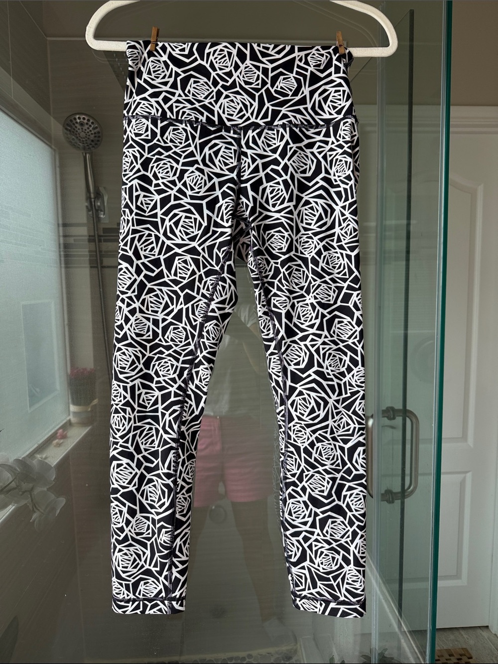 lululemon Real Quick Crops in the "Posey Black White" geometric rose print